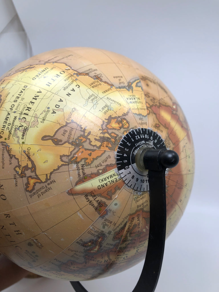 GLOBE DESK DECOR ON WOOD BASE.