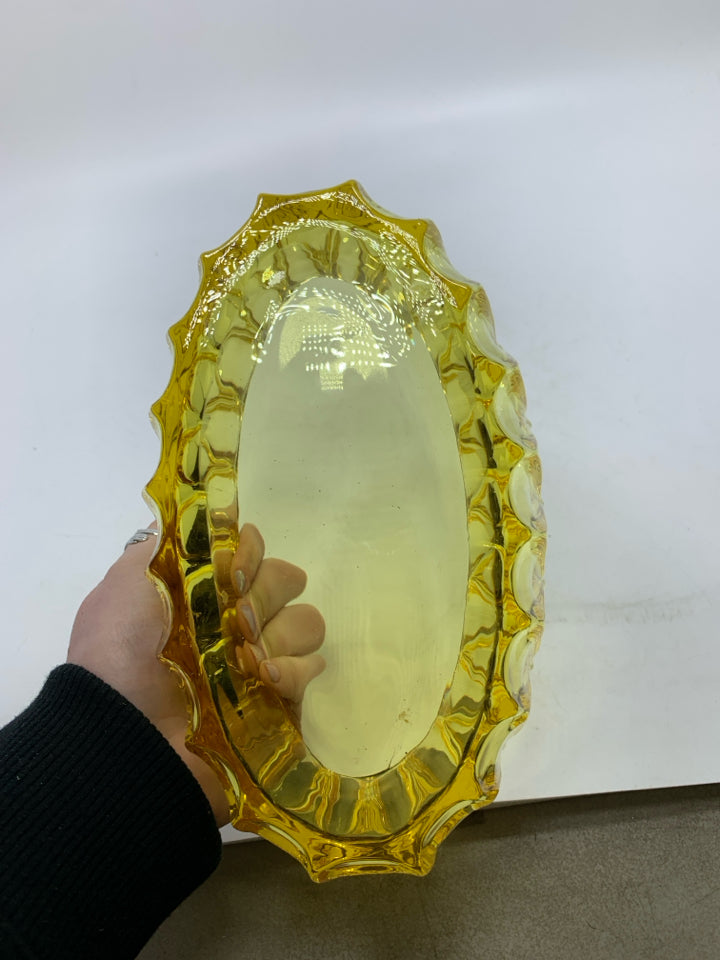 BRIGHT YELLOW OVAL HEAVY GLASS TEXTURED CANDY DISH.