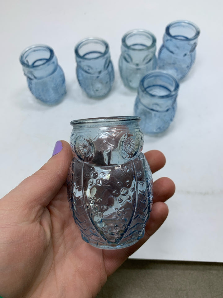 6 BLUE EMBOSSED OWL SHOT GLASSES.