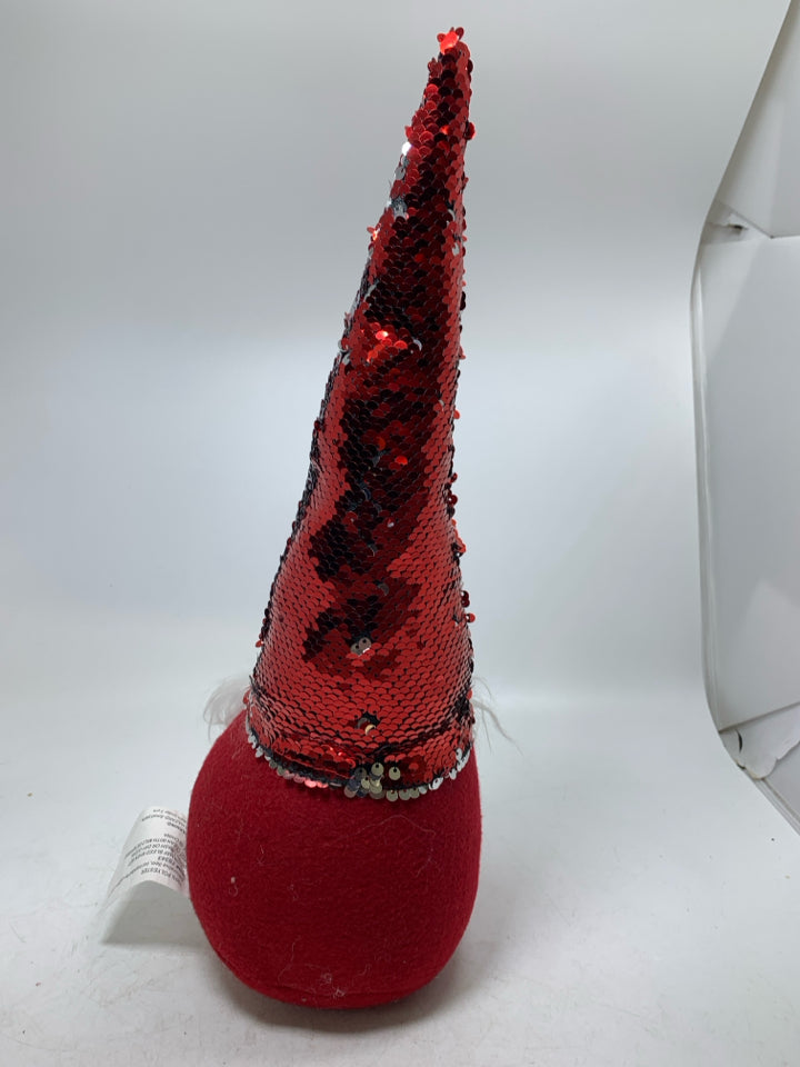 RED PLUSH GNOME W/ RED & SILVER SEQUENCE HAT.