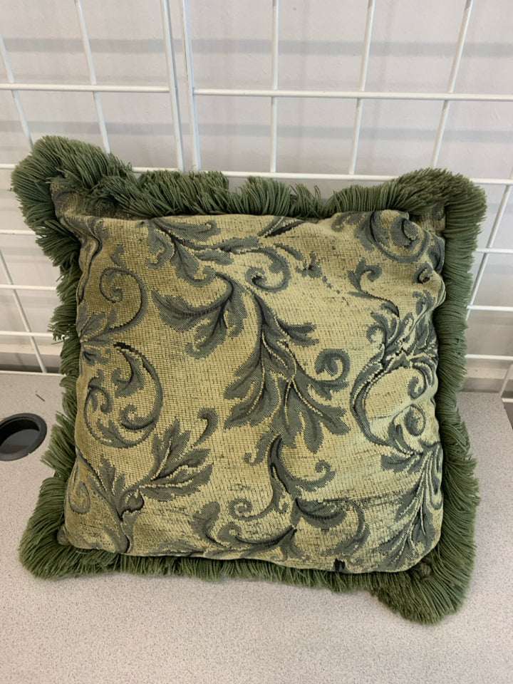 GREEN/BLUE TEXTURED PILLOW W FRINGE.