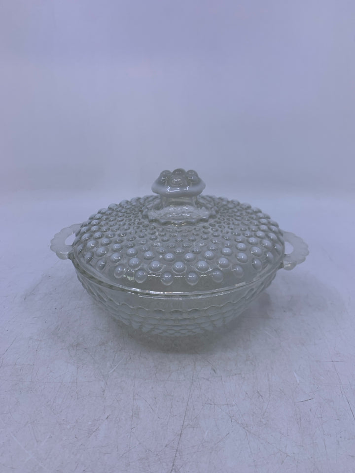 VTG CLEAR GLASS CANDY DISH W/ LID/HANDLES WHITE HOBNAIL.
