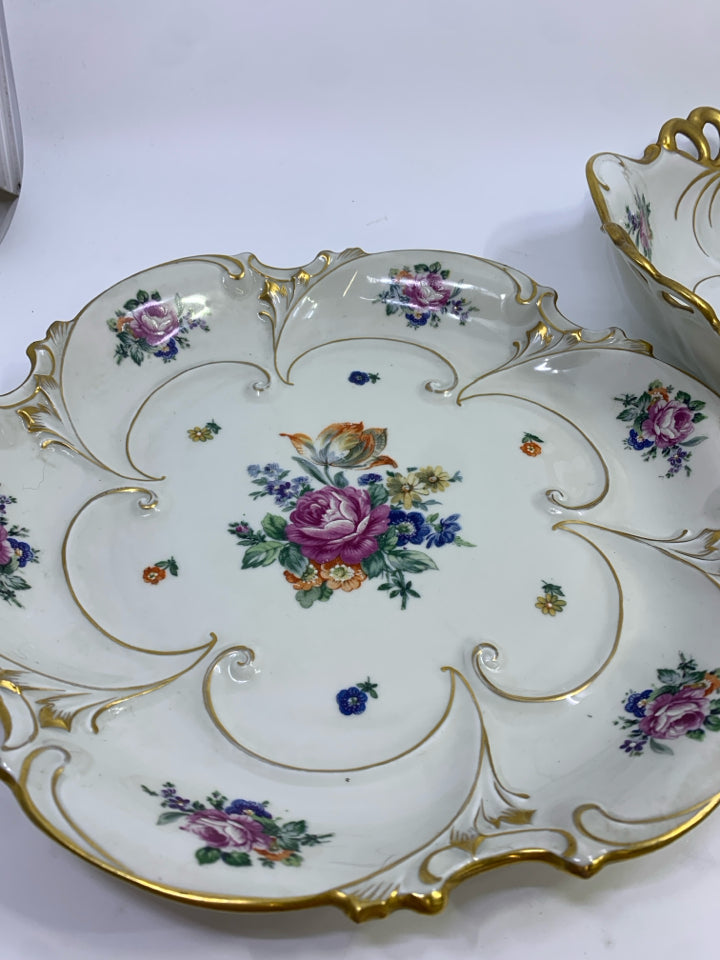 VTG FLORAL PORCELAIN BOWL & DISH SET W/GOLD ACCENTS JLMENAU GRAF VON HENNEBERG.