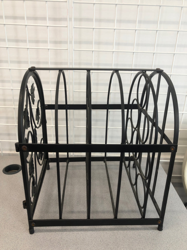 9 BOTTLE BLACK METAL WINE RACK W GRAPES.