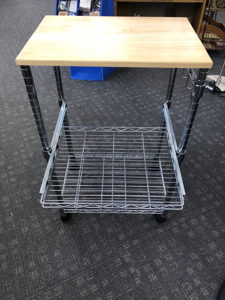 METAL BASE ROLLING CART W/ PULL OUT DRAWER W/ REMOVABLE WOOD TOP.