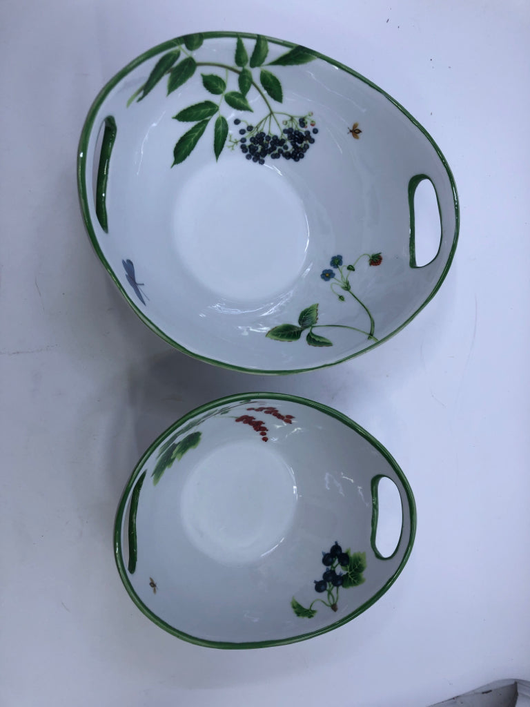 2 NESTING BOWLS W/FRUITS INSECTS WHITE GREEN RIM W/ HANDS.