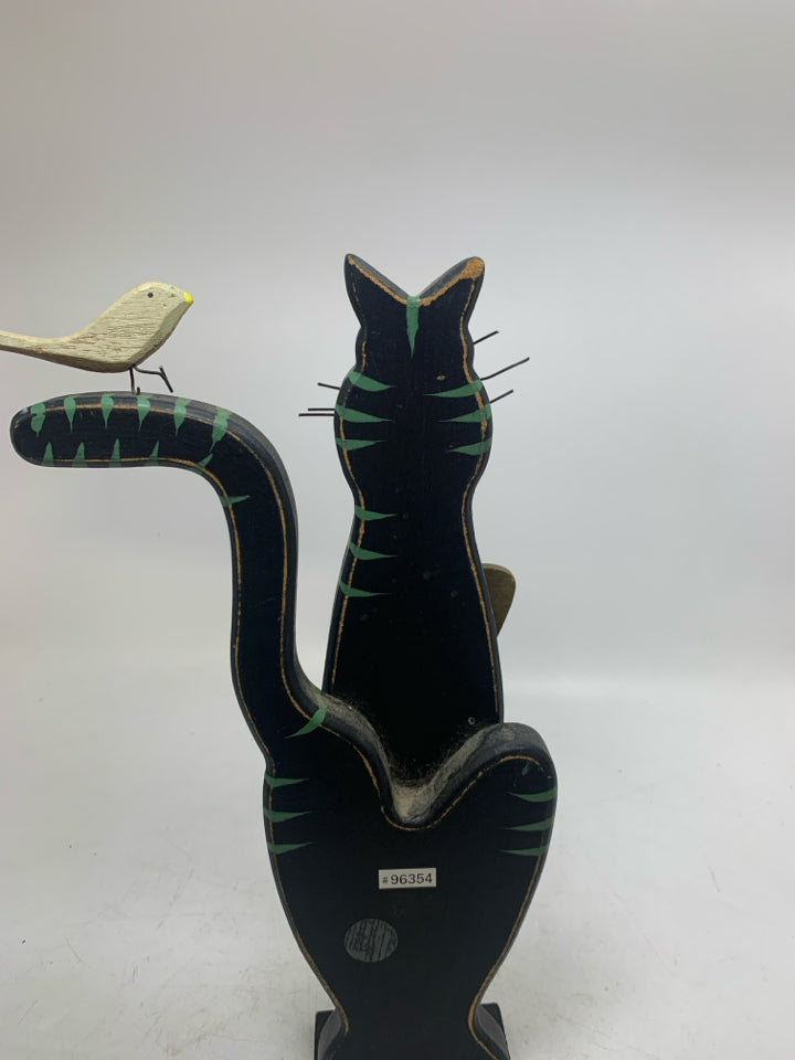 STANDING WOOD BLACK STRIPED CAT W/ BIRD OF TAIL.