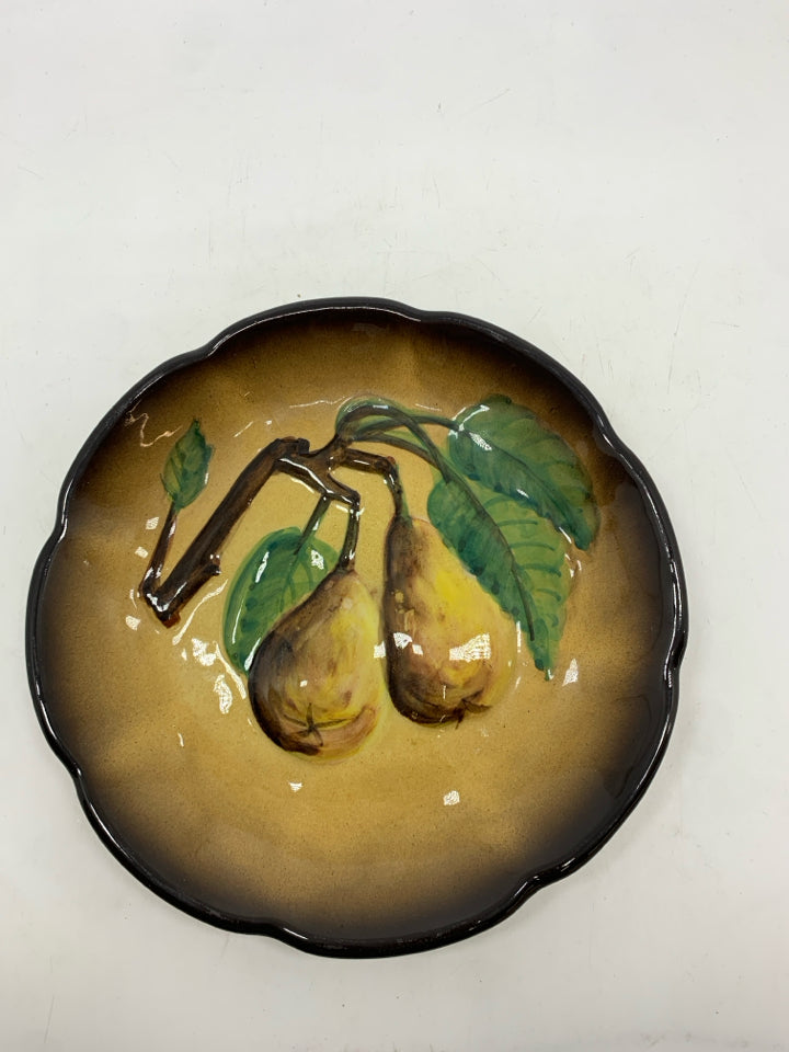 BROWN GLAZED W/PEARS PLATE.