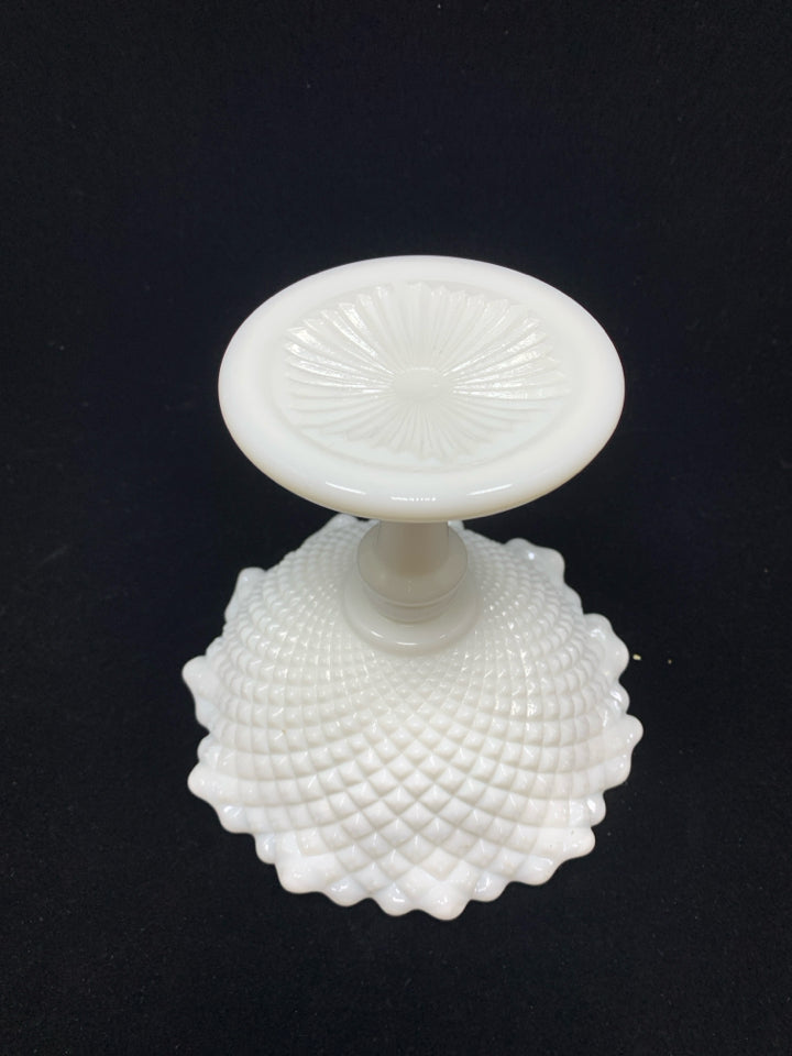 WESTMORELAND VTG MILK GLASS HOBNAIL PEDESTAL COMPOTE BOWL.