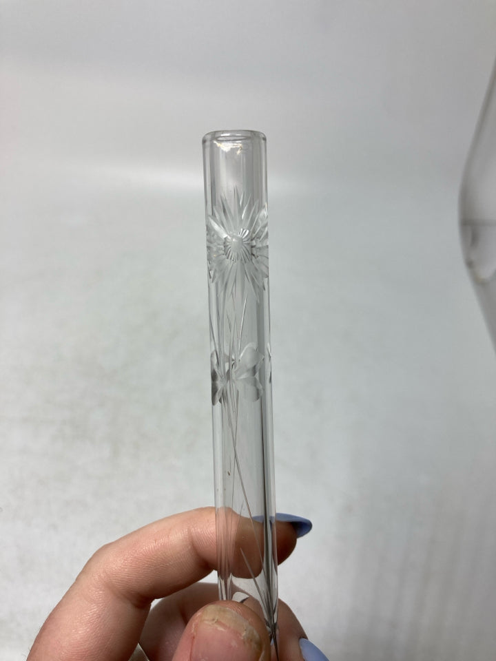 VTG FOOTED ETCHED CLEAR SUPER SKINNY VASE.