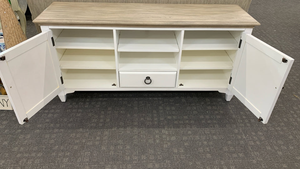 WHITE TV/ MEDIA CONSOLE W/GREY WOOD TOP, 2 DOORS DRAWER.