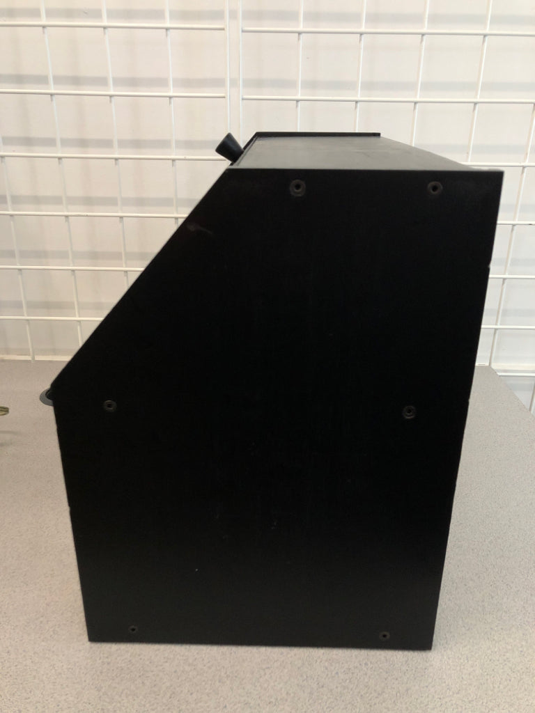 2-SECTION BLACK WOODEN BREAD BOX.