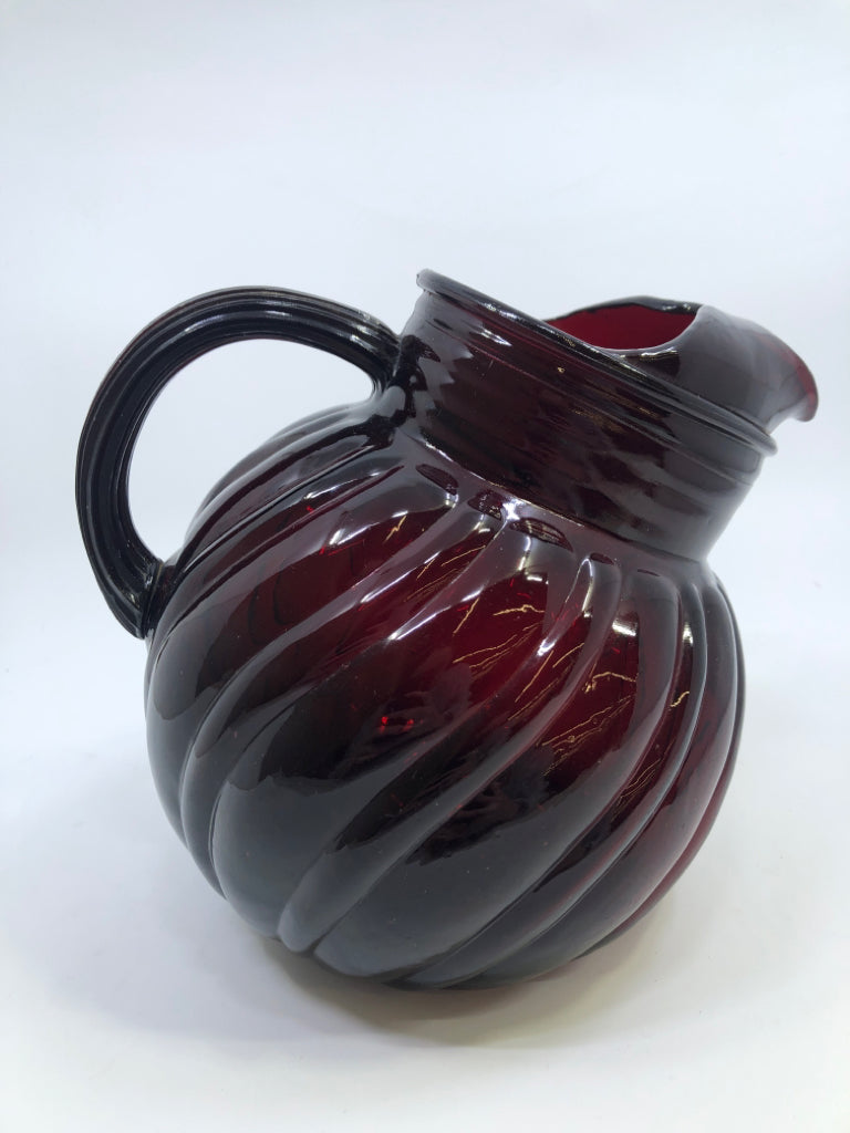 VTG SLANT CRANBERRY PITCHER W/ WAVY SIDES.
