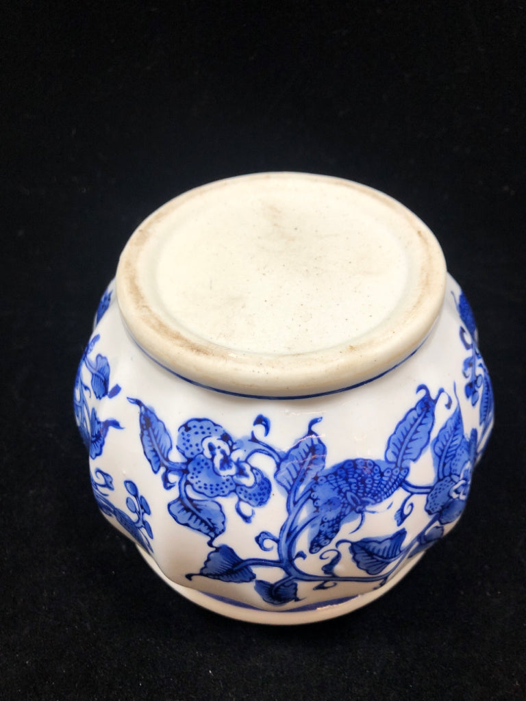 WHITE PORCELAIN PLANTER W/BLUE LEAVES/BUTTERFLIES.
