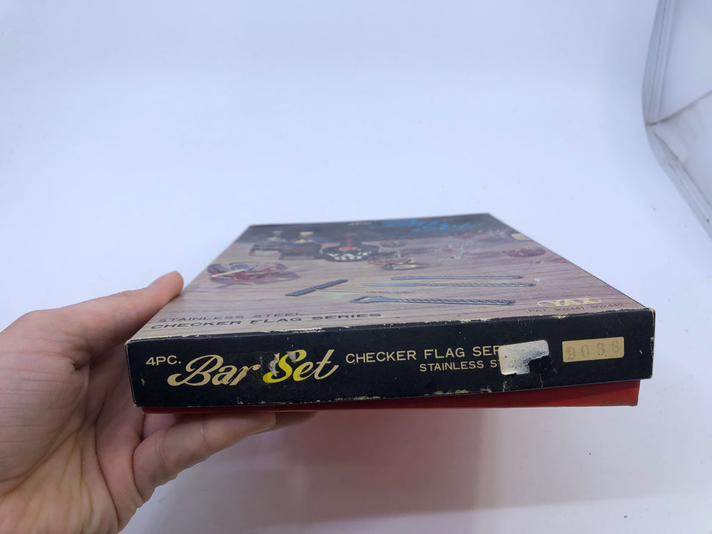 NIB VTG 4 PC STAINLESS STEEL CHECKERED FLAG BAR SET.
