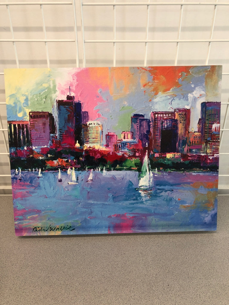 COLORFUL IMPRESSIONIST WOOD PRINTED CITY SCAPE.