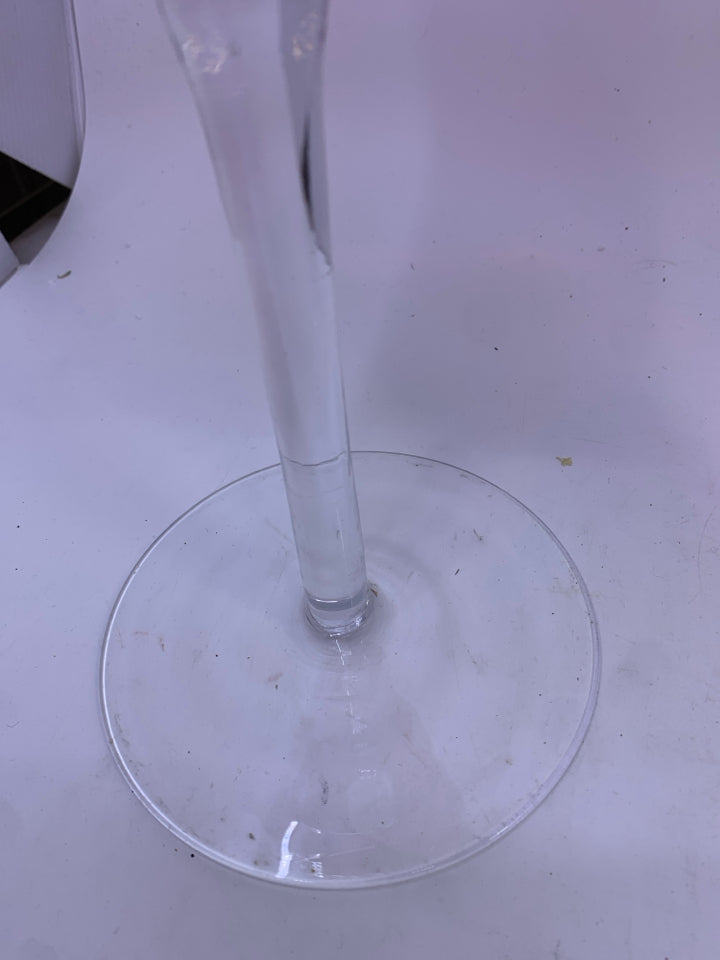 2 CLEAR GLASS STEM W/ RED GLASS TOP CANDLE HOLDERS.