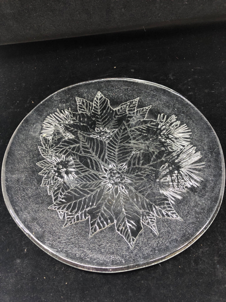 ROUND ETCHED GLASS POINSETTIA SERVING PLATTER.