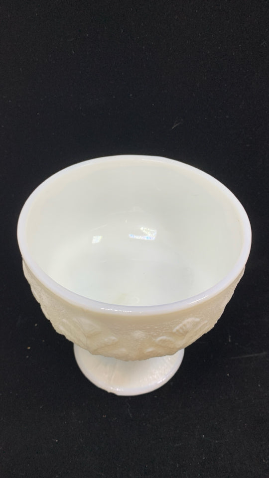 VTG MILK GLASS FOOTED CANDY DISH W/EMBOSSED LEAVES.