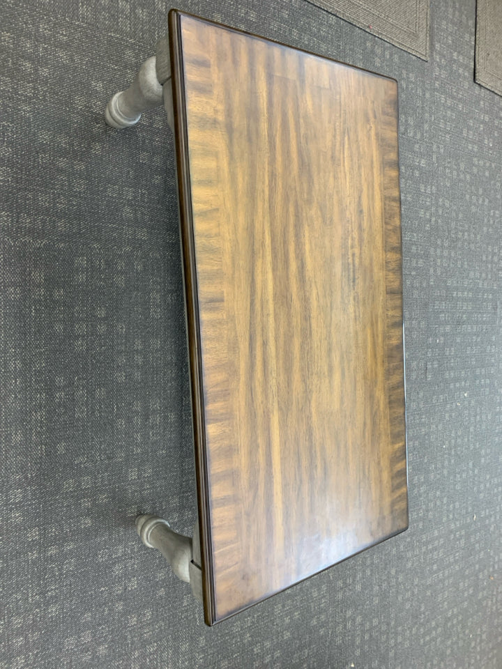 DARK WOOD TOP W GREY DISTRESSED LEGS COFFEE TABLE.