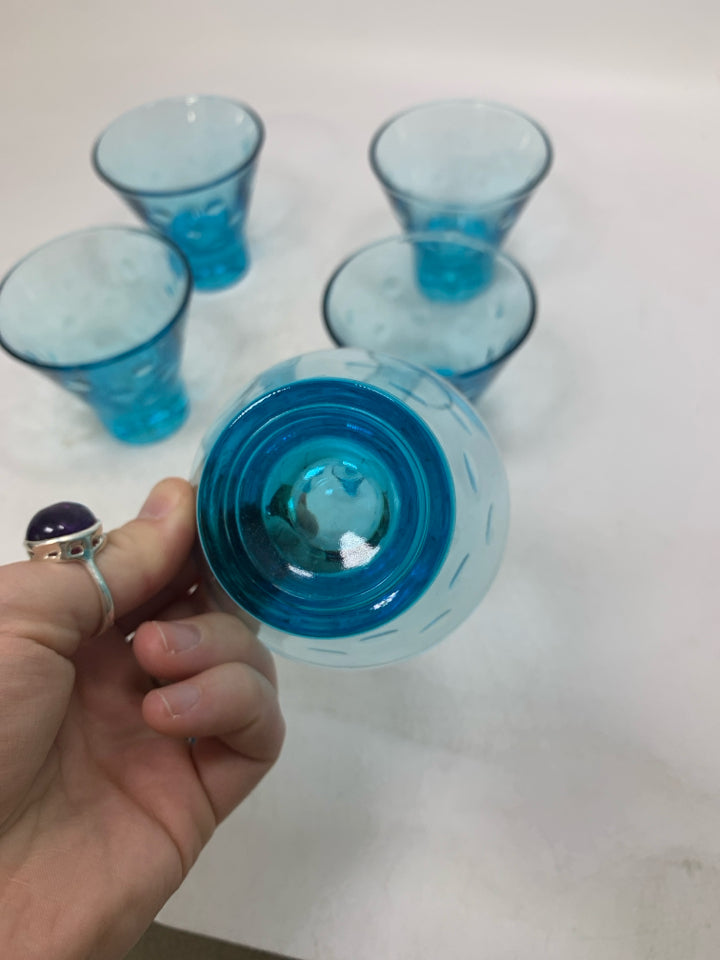 5 VTG FOOTED LIGHT BLUE CORDIAL GLASSES W/ EMBOSSED CIRCLES 3 "H