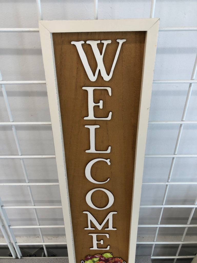 WELCOME SIGN W APPLES IN WOOD FRAME.