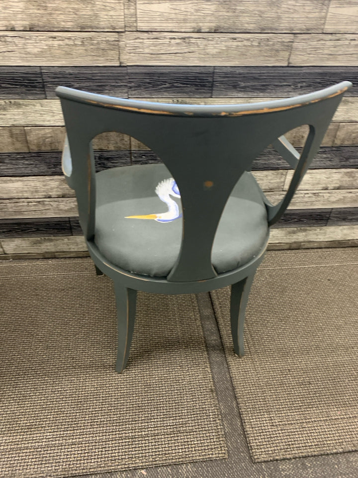 2 REFURBISHED DARK GREY ACCENT CHAIRS W/ PAINTED SEA BIRDS ON SEAT.