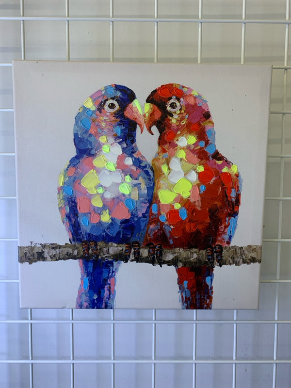 2 PARROT SITTING ON BRANCH CANVAS WALL ART.