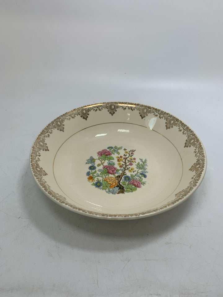 VTG SERVING BOWL W/ TREE COLORFUL FLOWERS IN CENTER GOLD DETAILED EDGE.