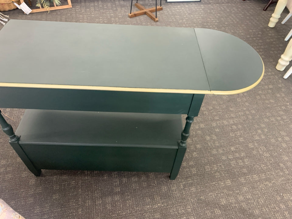 GREEN PAINTED CONSOLE/ BUFFET TABLE WITH FOLDING SIDES.