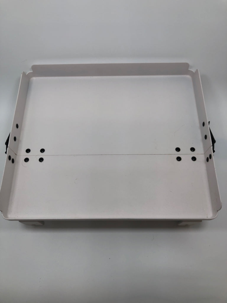 WHITE METAL BEDSIDE ATTACHABLE FOLDING SHELF.