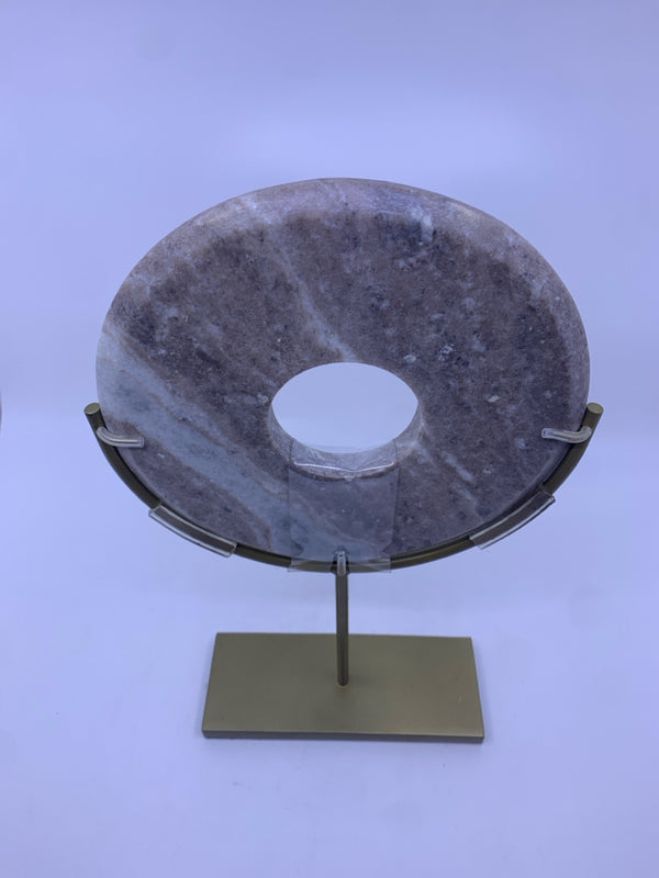 HEAVY GREY MARBLE CIRCLE IN GOLD METAL STAND.