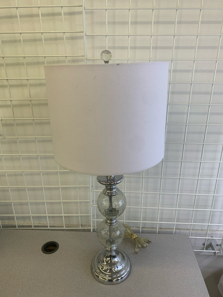 SILVER/GLASS BALL BASE LAMP W/WHITE SHADE.