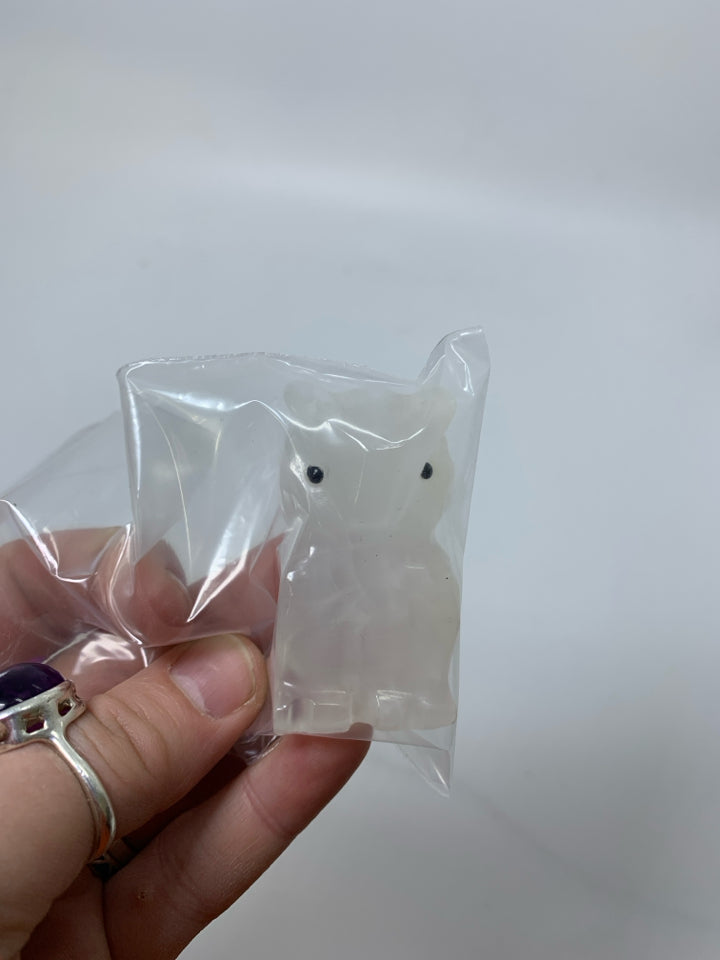 STONE CARVED CLEAR OWL IN BAG.