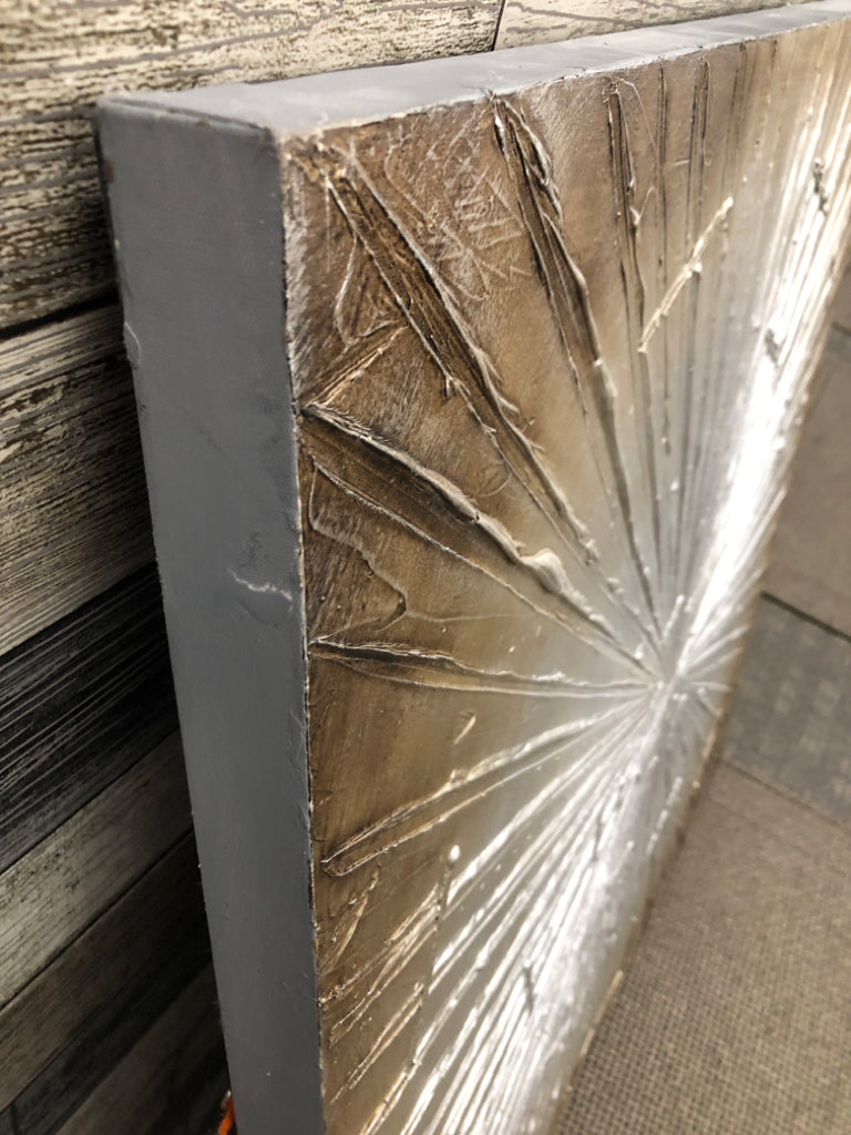 LARGE GREY AND SILVER FLOWER PAINTING ON CANVAS.