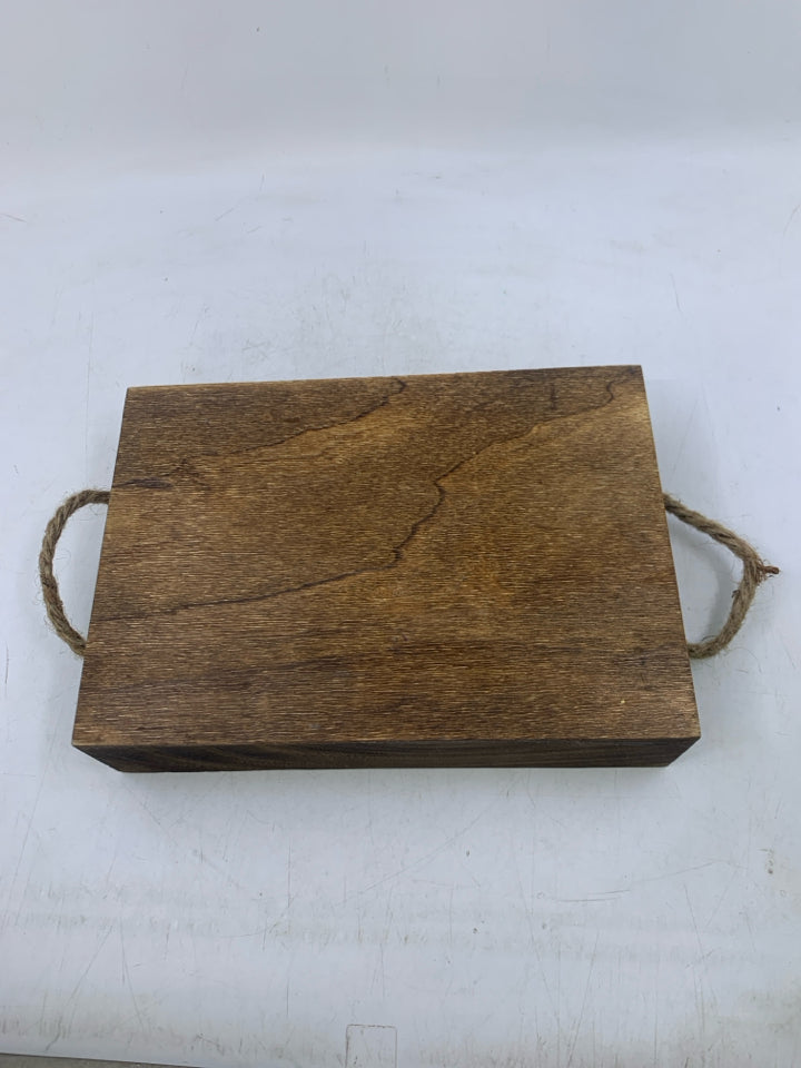 SMALL DARK WOOD TRAY W/ BURLAP TWINE HANDLES.