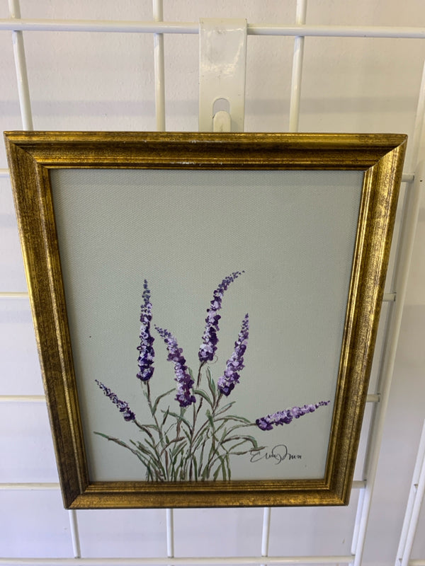 PURPLE FLORAL AND GREEN BACKGROUND IN GOLD FRAME.