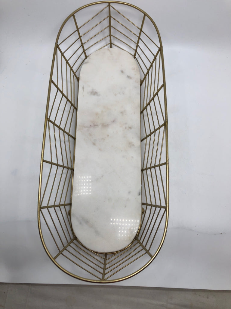 GOLD WIRE BASKET W/MARBLE BOTTOM.