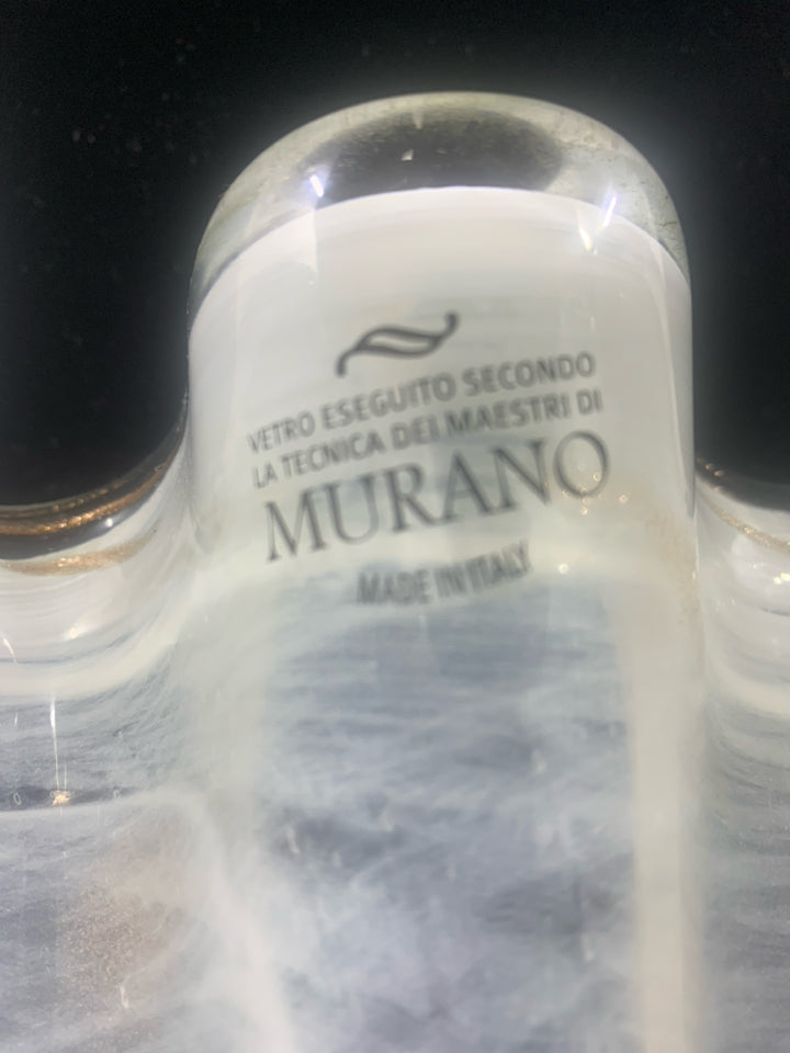 TALL WHITE GOLD SPECKLE GLASS VASE.