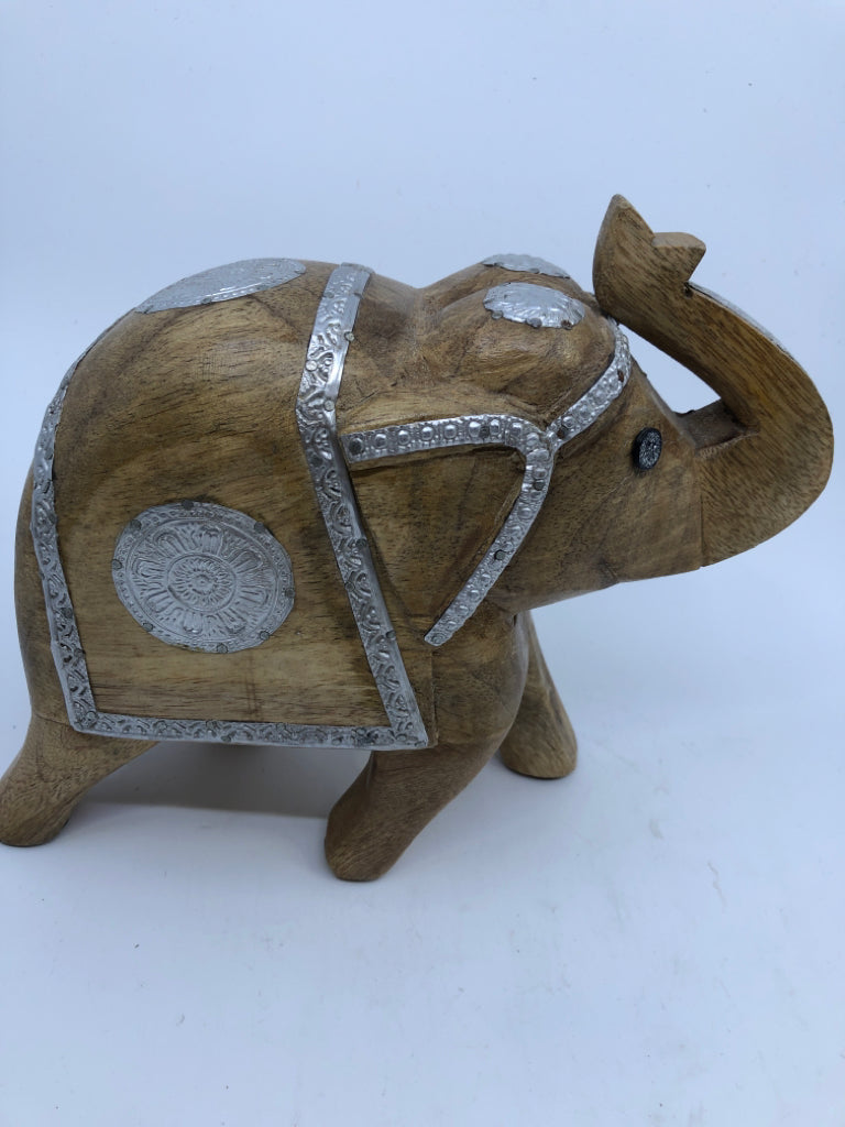 WOOD CARVED DECORATIVE ELEPHANT W METAL ACCENTS.