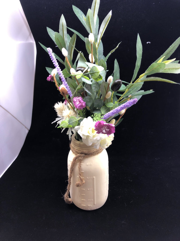 CREAM PAINTED MASON CHAIR W/ FAUX BOUQUET FAUX OLIVES.