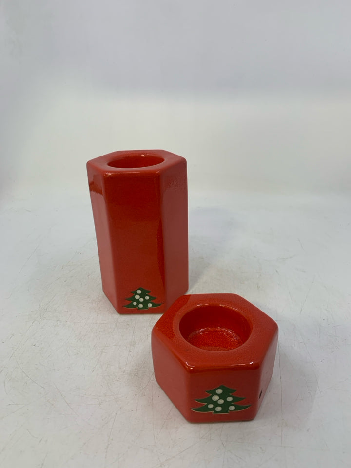 2 WAECHTERSBACH CHRISTMAS TREE RED CERAMIC TEA LIGHT HOLDERS HEXAGON SHAPE.