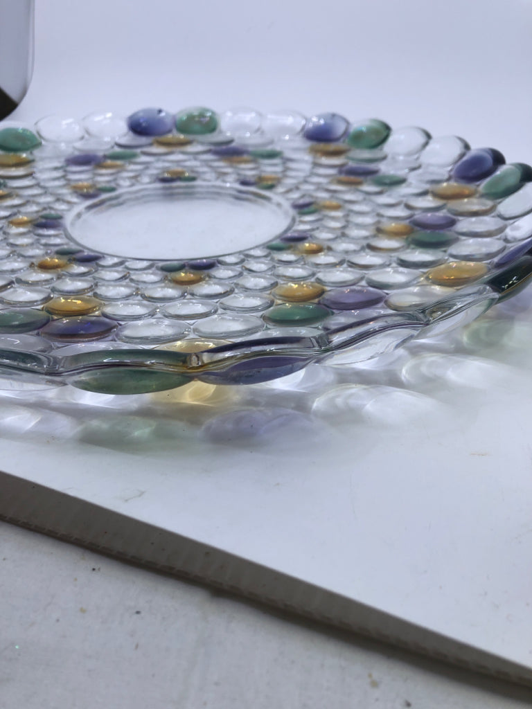 LARGE HEAVY GLASS PLATTER BUBBLE DESIGN PURPLE GREEN YELLOW.