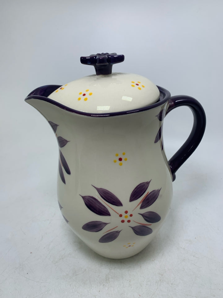 LARGE CERAMIC FLORAL PITCHER W/ LID.