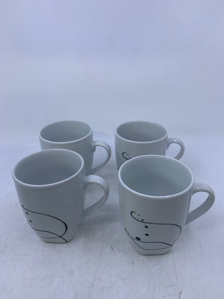 4 WHITE MUGS W/ BLACK DESIGNS.