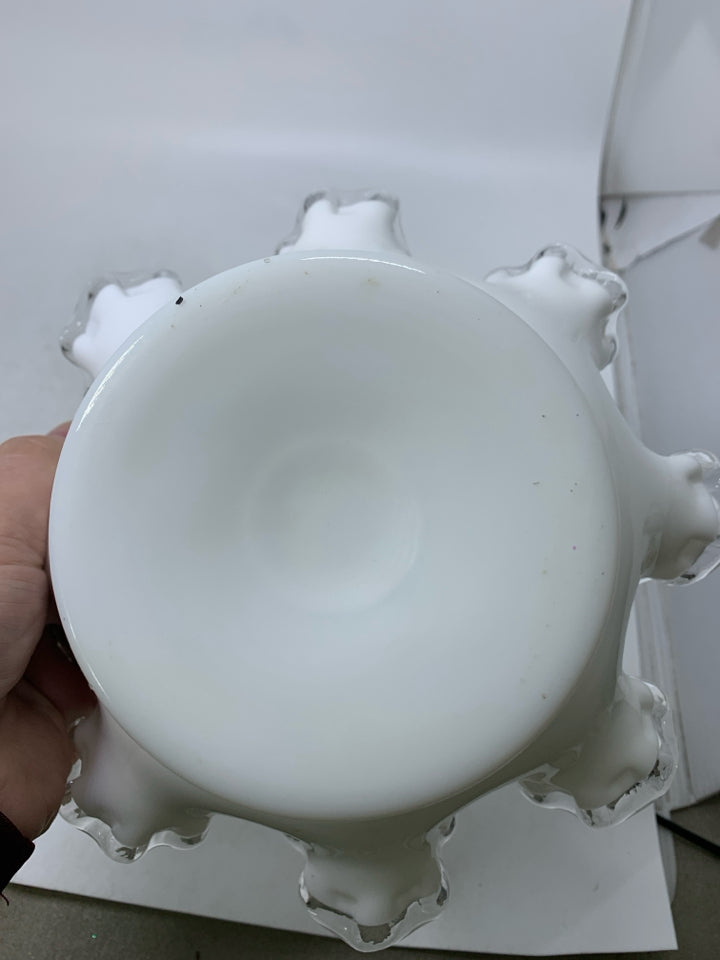FOOTED MILK GLASS BOWL W/ RUFFLED EDGE.