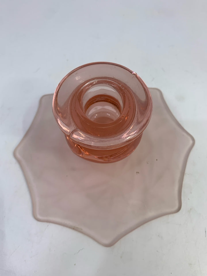 VTG PINK DEPRESSION GLASS CANDLESTICK HOLDER W/FROSTED BASE.
