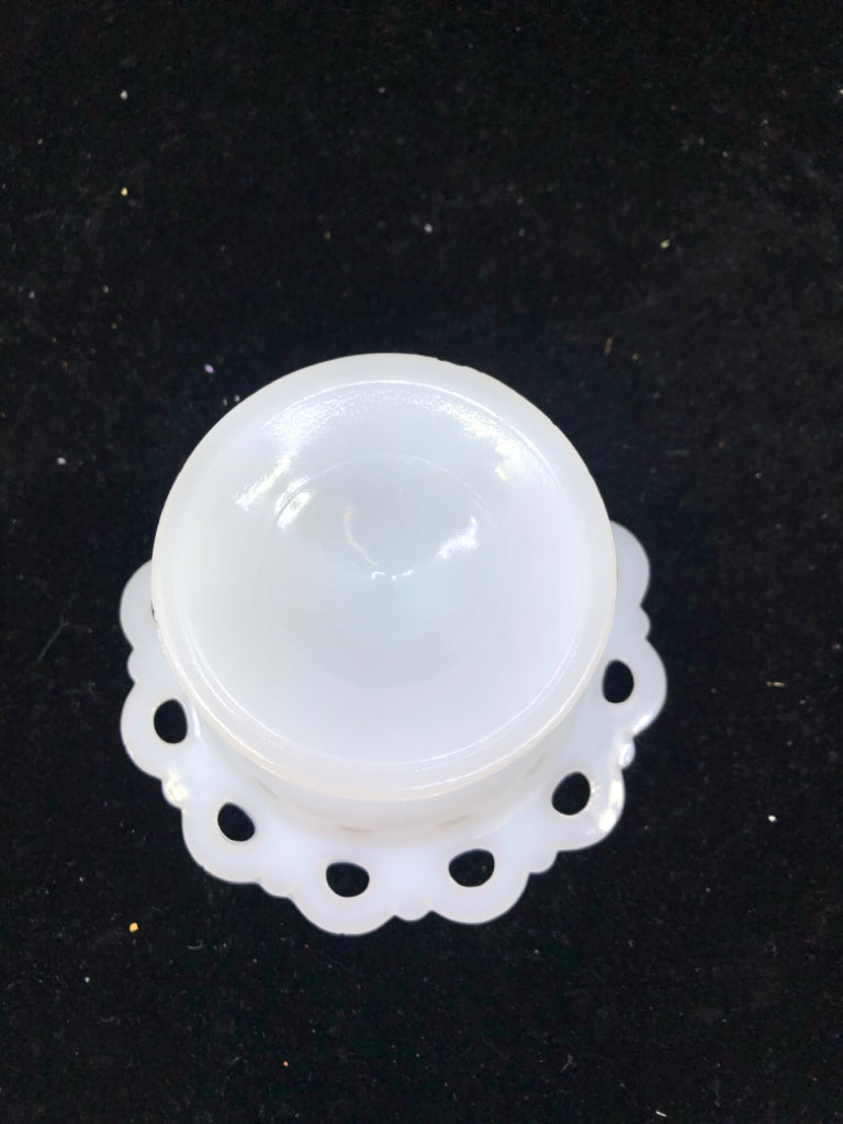 VTG LACE EDGE FOOTED MILK GLASS DISH.