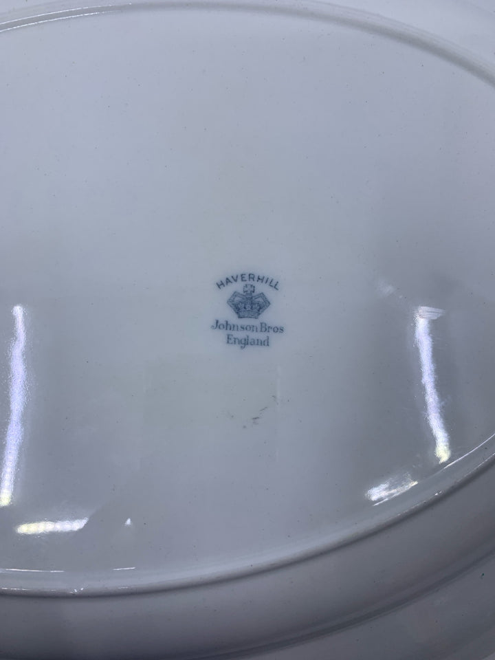 LARGE OVAL WHITE SERVING PLATTER W/ BLUE FLORAL & SCROLL EDGE.