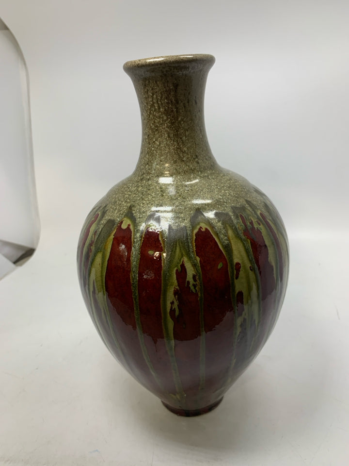 HEAVY VASE W/ METALLIC DRIP NECK.